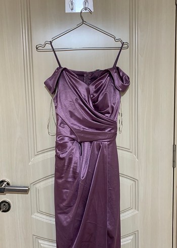 Mor Uzun Drapeli Straplez Abiye Elbise - Görsel 2