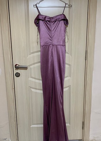 Mor Uzun Drapeli Straplez Abiye Elbise - Görsel 4