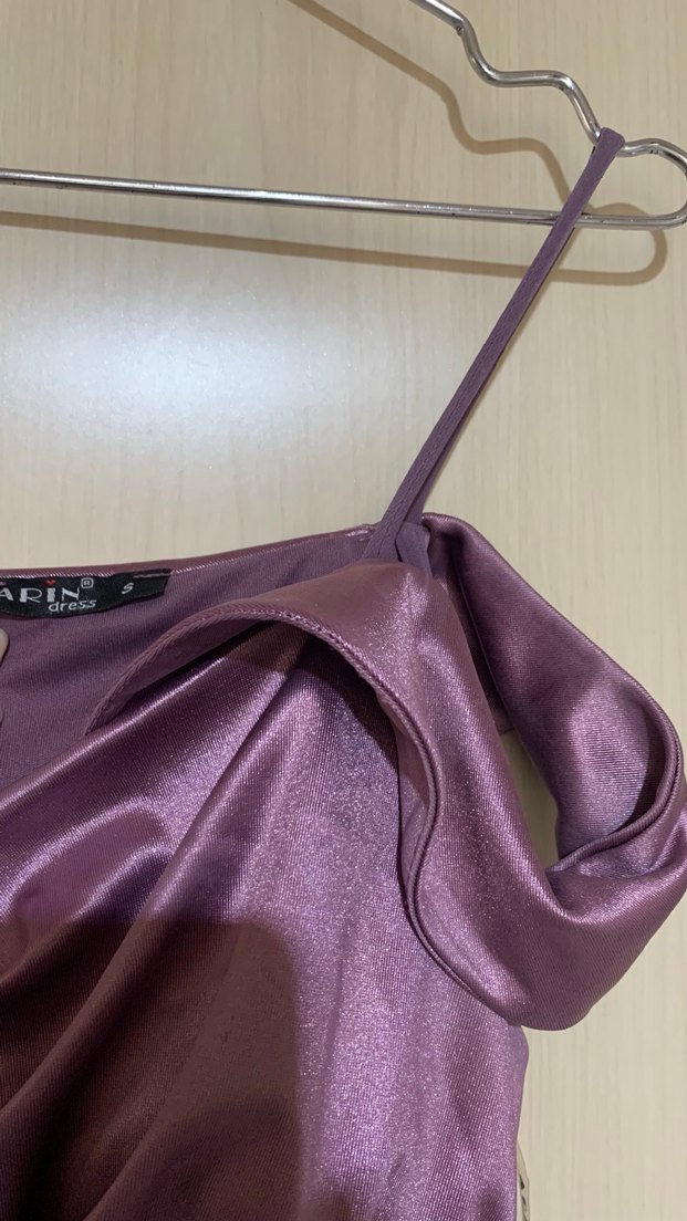 Mor Uzun Drapeli Straplez Abiye Elbise - Görsel 5