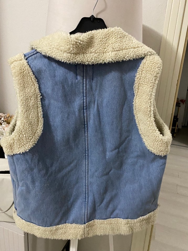 Kadın Mavi Kot Kürklü Kolsuz Yelek - Görsel 4