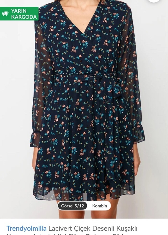 Desenli kuşaklı şifon elbise - Görsel 4