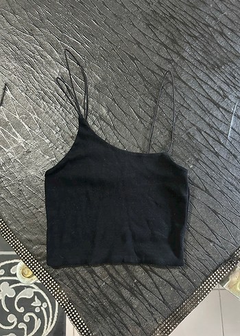 Siyah İnce Askılı Örme Crop Top