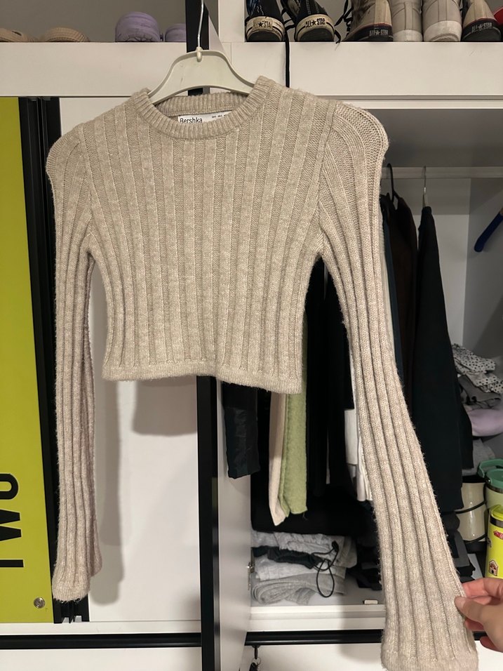 Bej Örgü Uzun Kollu Kadın Kazak bershka - Görsel 4