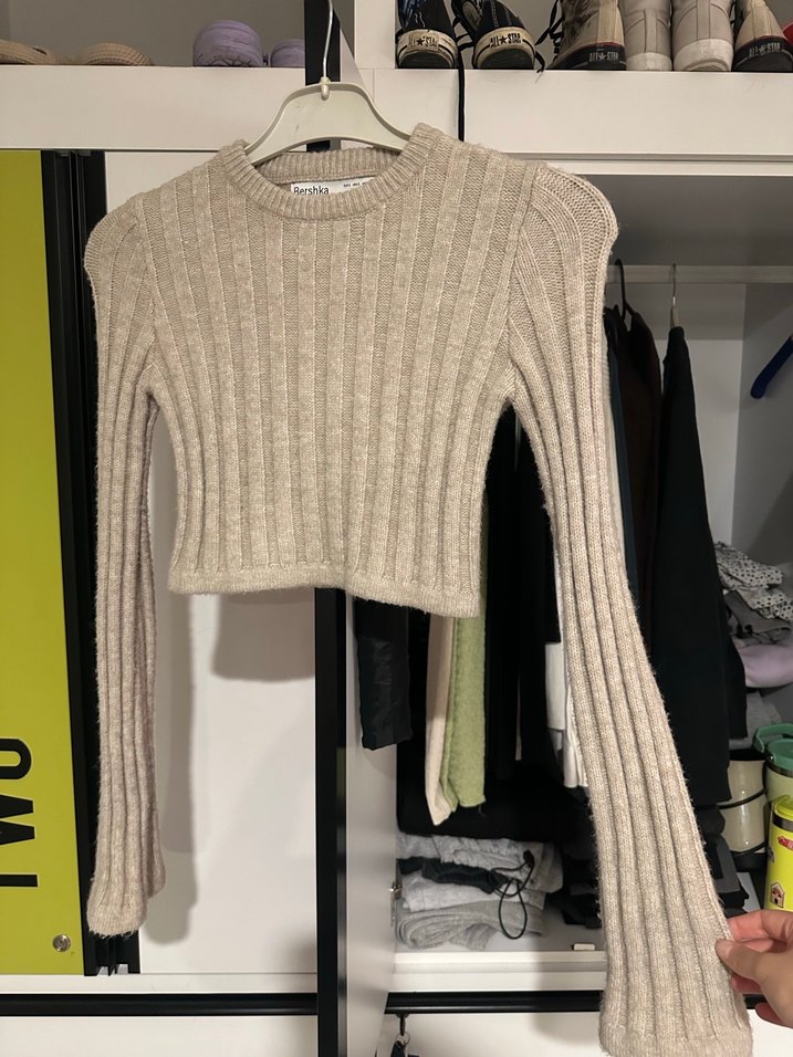 Bej Örgü Uzun Kollu Kadın Kazak bershka - Görsel 3