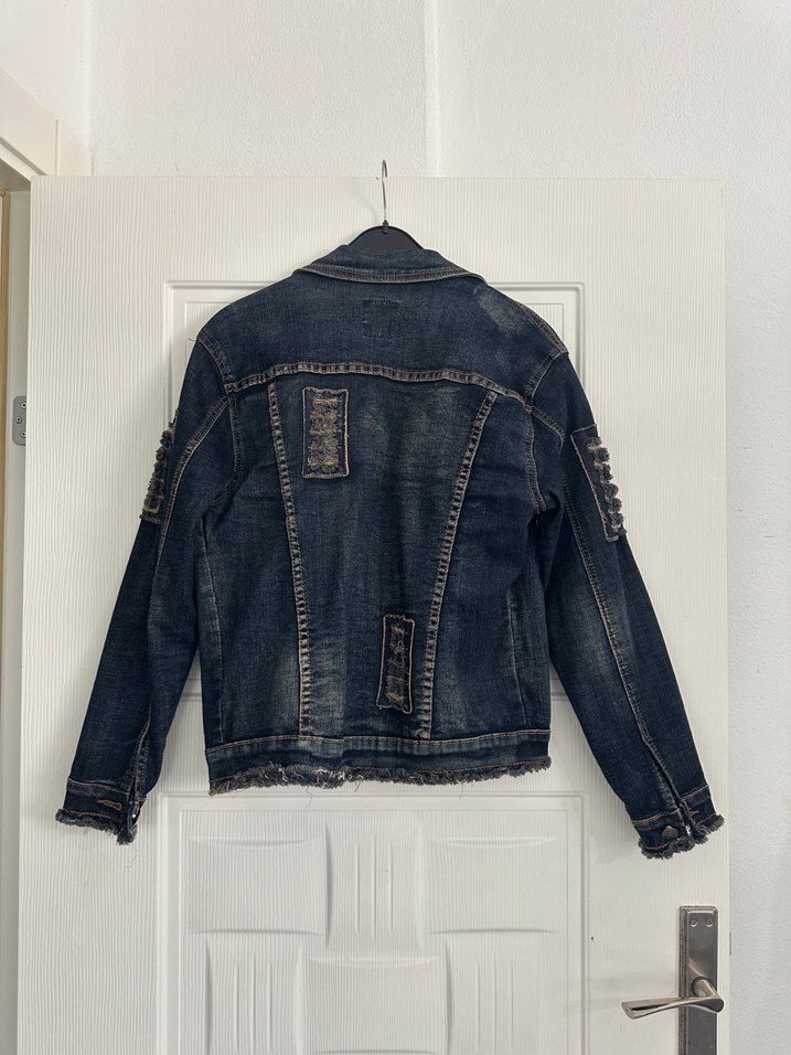 Nakışlı Kadın Kot Ceket, Salaş Kesim, Düğmeli - Görsel 5