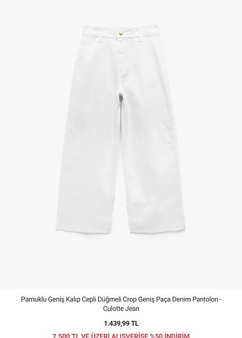 Pamuklu Geniş Kalıp Cepli Crop Geniş Paça Beyaz Pantolon - Görsel 2