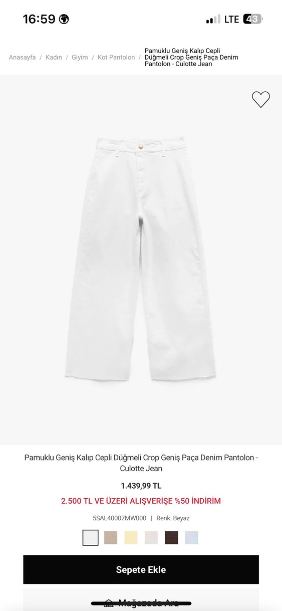 Pamuklu Geniş Kalıp Cepli Crop Geniş Paça Beyaz Pantolon - Görsel 2