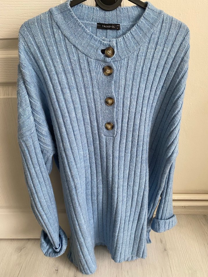 Düğmeli Mavi Triko Kadın Kazak - Görsel 2