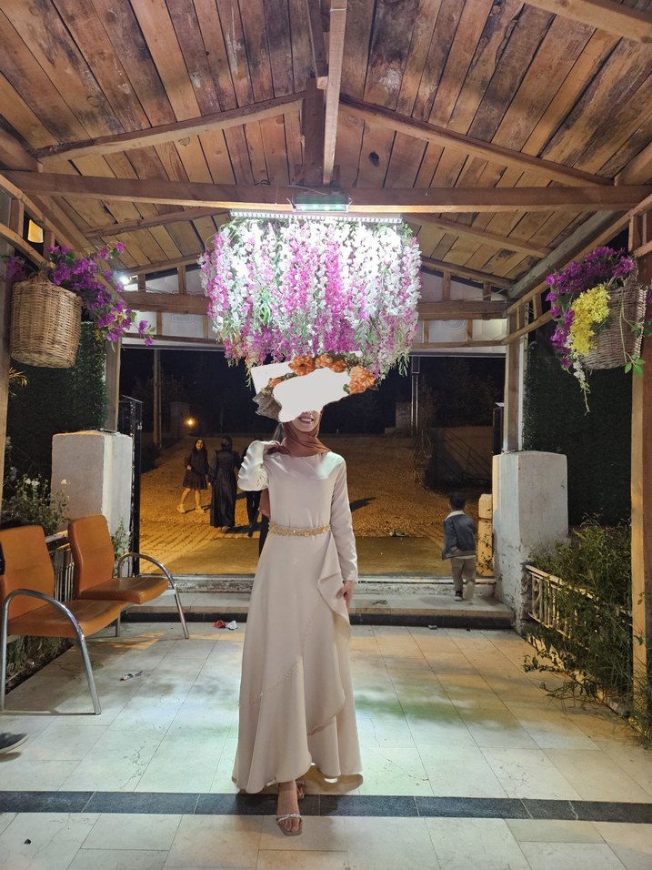 Bej Uzun Kollu Drapeli Kadın Elbise - Görsel 2