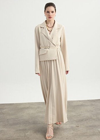 Birgül bektaş Bej Piliseli Kadın Elbise - Görsel 3