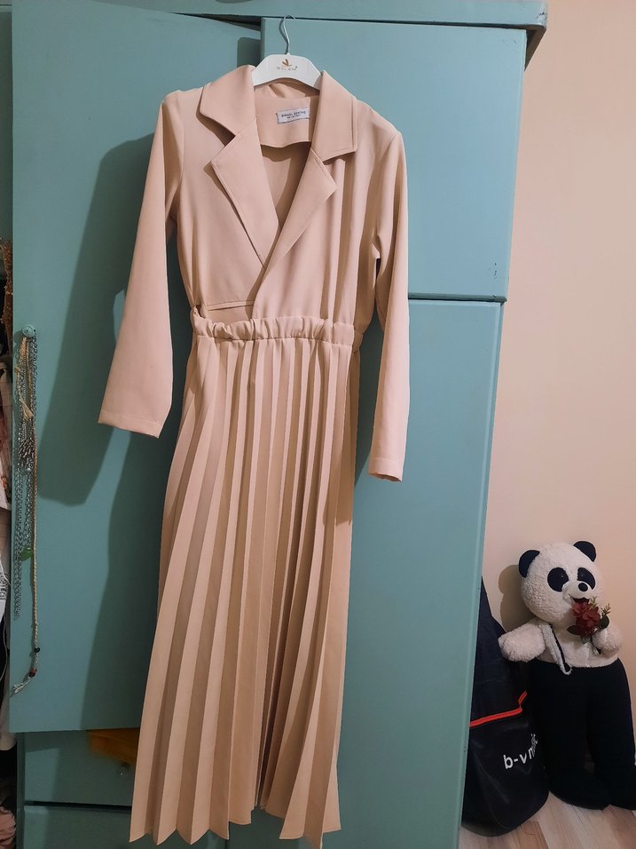 Birgül bektaş Bej Piliseli Kadın Elbise - Görsel 2