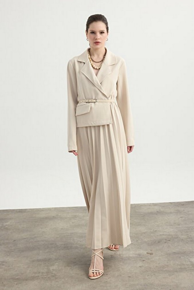 Birgül bektaş Bej Piliseli Kadın Elbise - Görsel 3