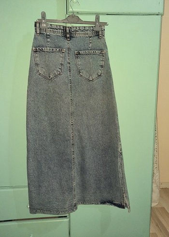 buz mavisi Uzun Kot Etek Kemerli - Görsel 3