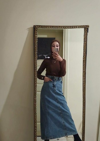 buz mavisi Uzun Kot Etek Kemerli - Görsel 7