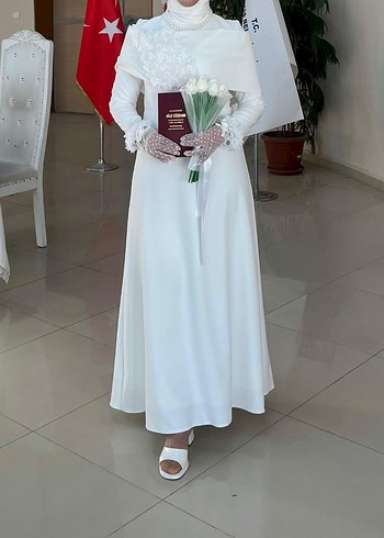 Vintage Beyaz A Kesim Tesettür Nikah Elbisesi - Görsel 4