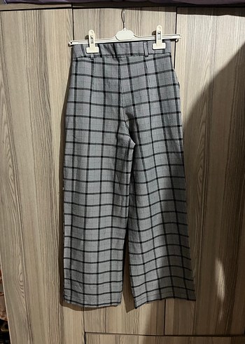 Kadın Gri Kareli Kemerli Kumaş Pantolon - Görsel 4