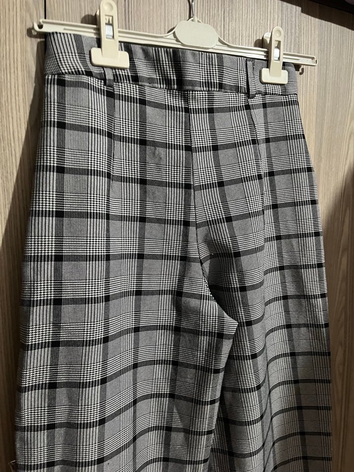 Kadın Gri Kareli Kemerli Kumaş Pantolon - Görsel 5