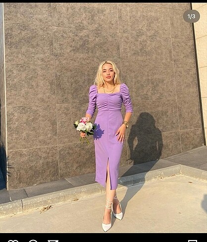 Lila midi yırtmaçlı elbise