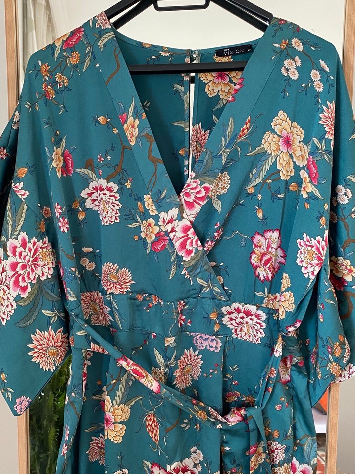 Uzun Turkuaz Çiçekli Bohem Kadın Tulum - Görsel 4