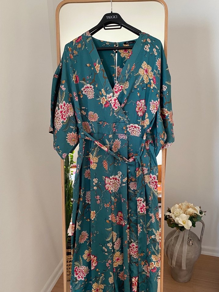 Uzun Turkuaz Çiçekli Bohem Kadın Tulum - Görsel 2