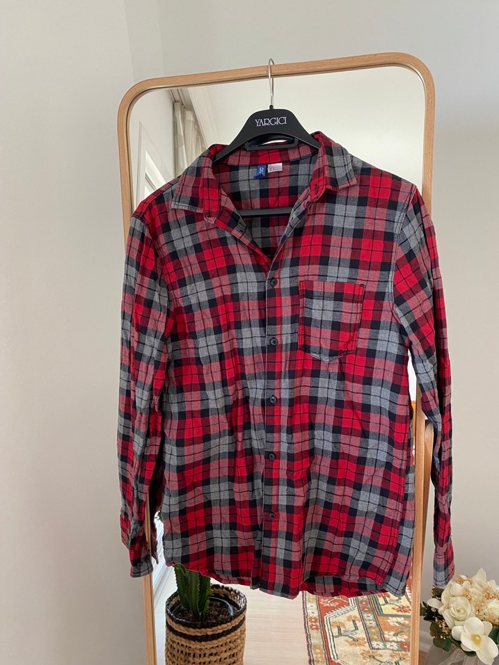 Kırmızı Gri Ekose Erkek Uzun Kollu Gömlek - Görsel 2