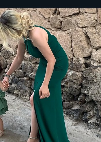 s Beden Yüksek Yakalı Yeşil Uzun Abiye Elbise