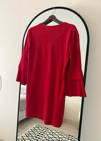 V Yaka Kırmızı Mini Triko Elbise - Görsel 2