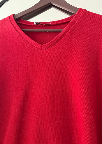 V Yaka Kırmızı Mini Triko Elbise - Görsel 3