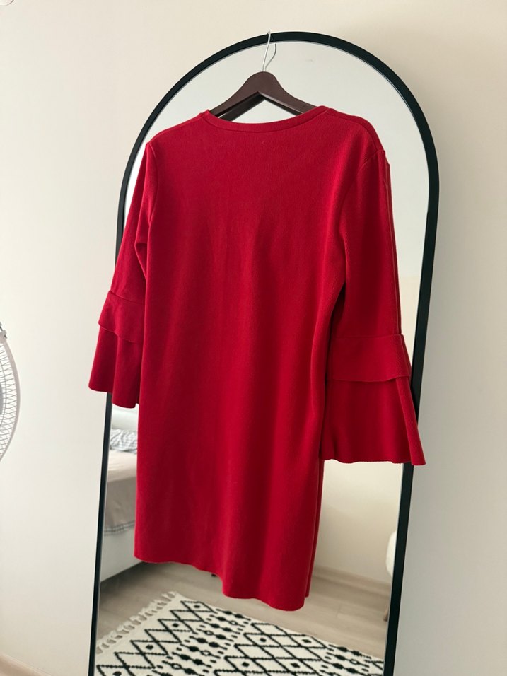 V Yaka Kırmızı Mini Triko Elbise - Görsel 2