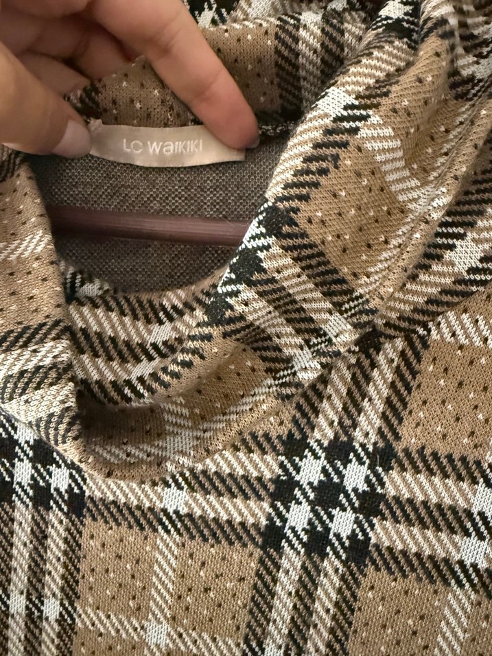 Ekose Kahverengi Kareli Boğazlı Tunik elbise - Görsel 2