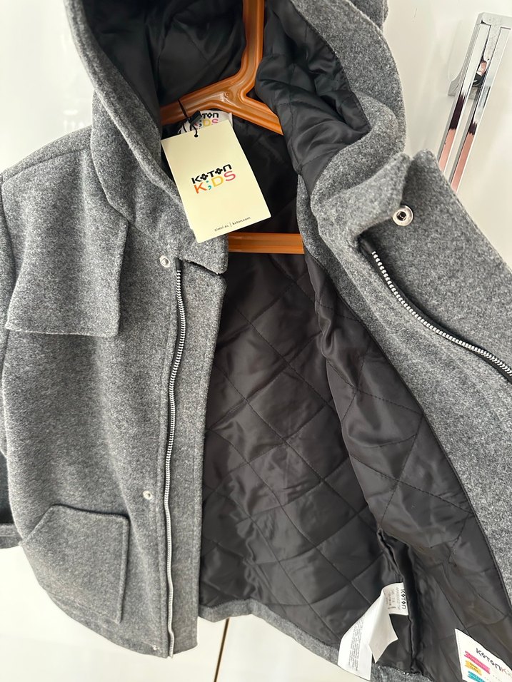 SIFIR koton 7-8 yas Gri Çocuk Kapüşonlu kaşe Ceket - Görsel 2