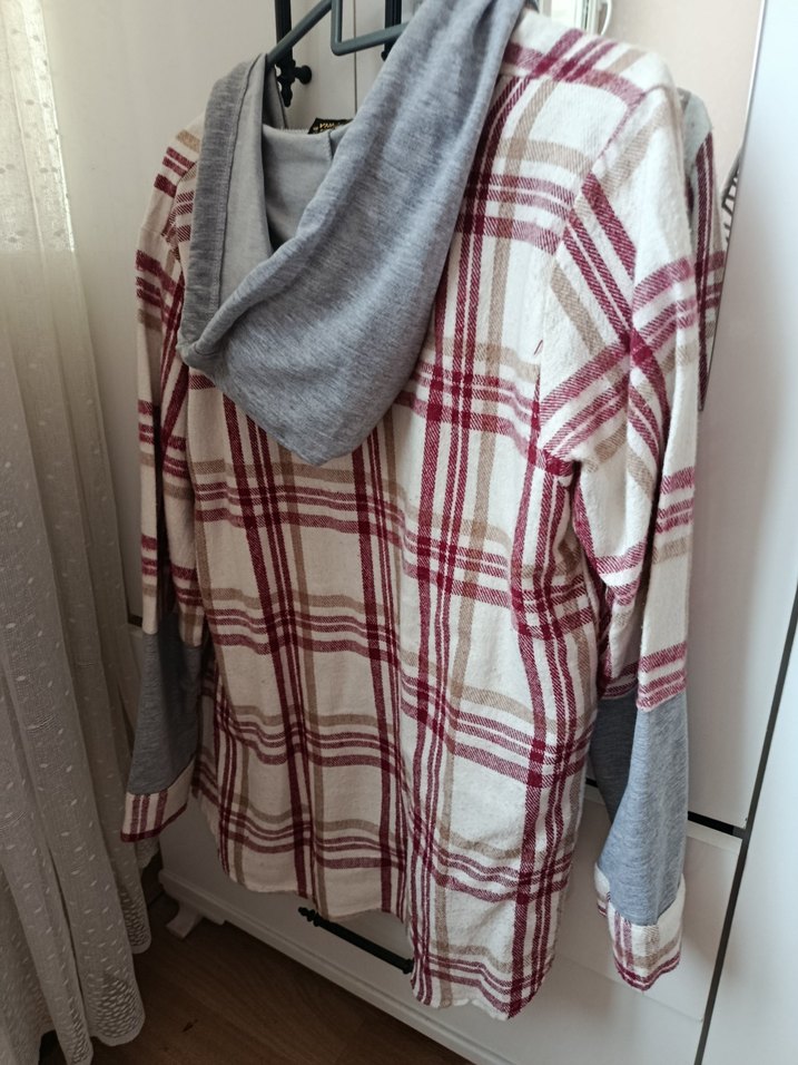 Bordo Ekoseli Kapüşonlu Rahat Gömlek - Görsel 3