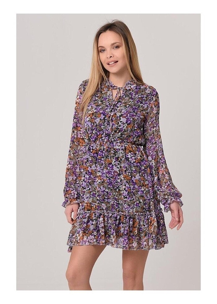 Yoyoso mor desenli şifon elbise - Görsel 4
