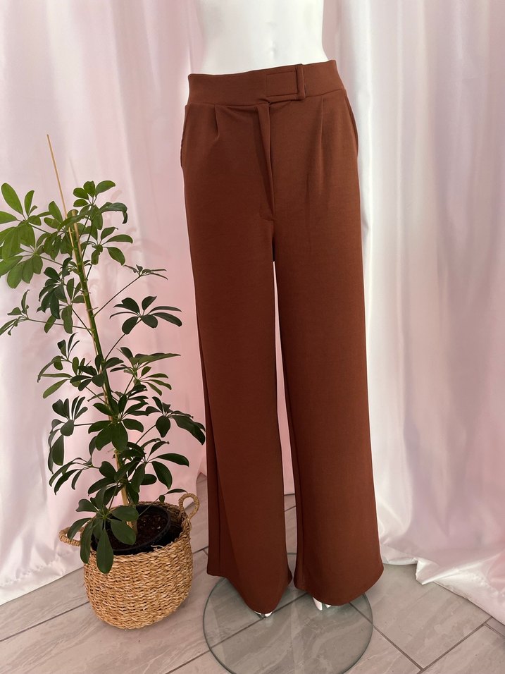 Kahverengi Kemerli Kadın Kumaş Pantolon - Görsel 4