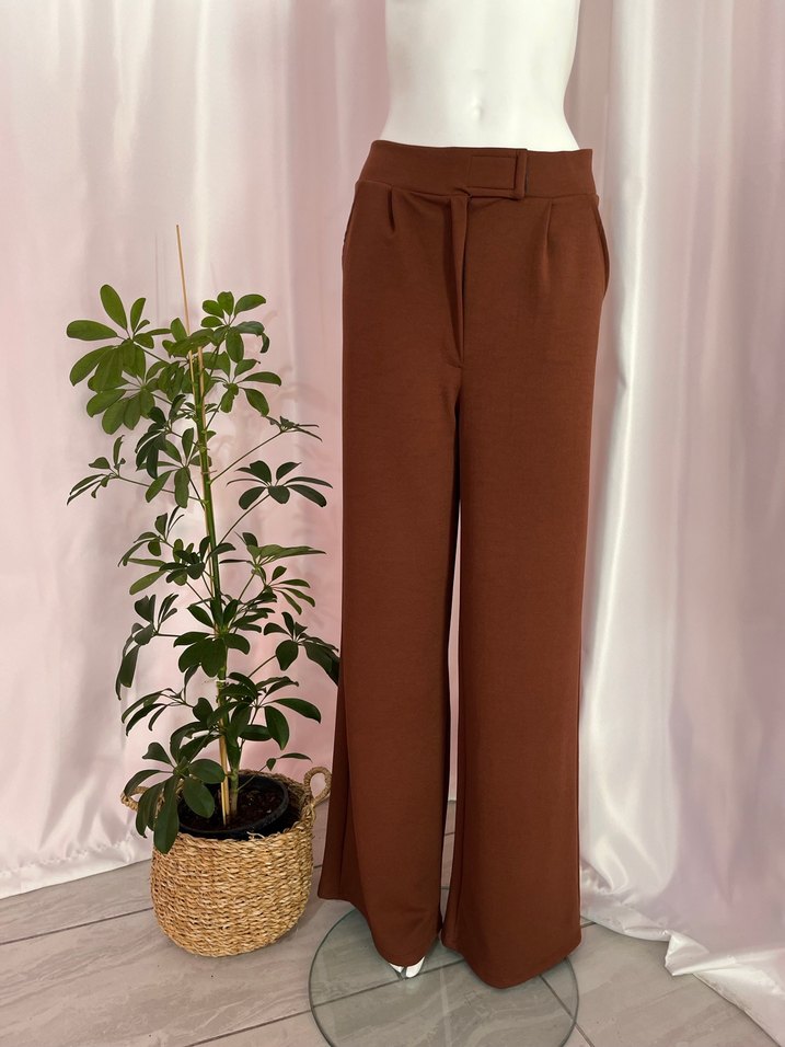 Kahverengi Kemerli Kadın Kumaş Pantolon - Görsel 2