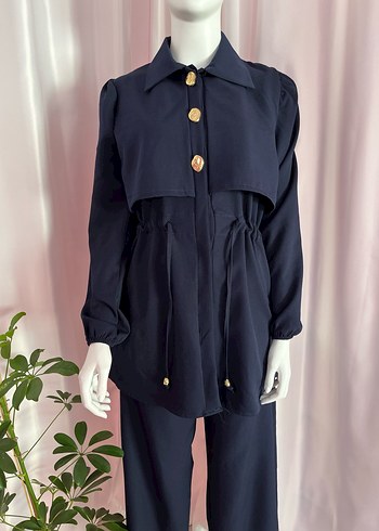 Düğmeli Lacivert Kadın Uzun Ceket Takım - Görsel 2