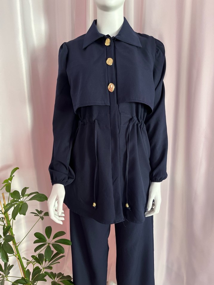 Düğmeli Lacivert Kadın Uzun Ceket Takım - Görsel 2