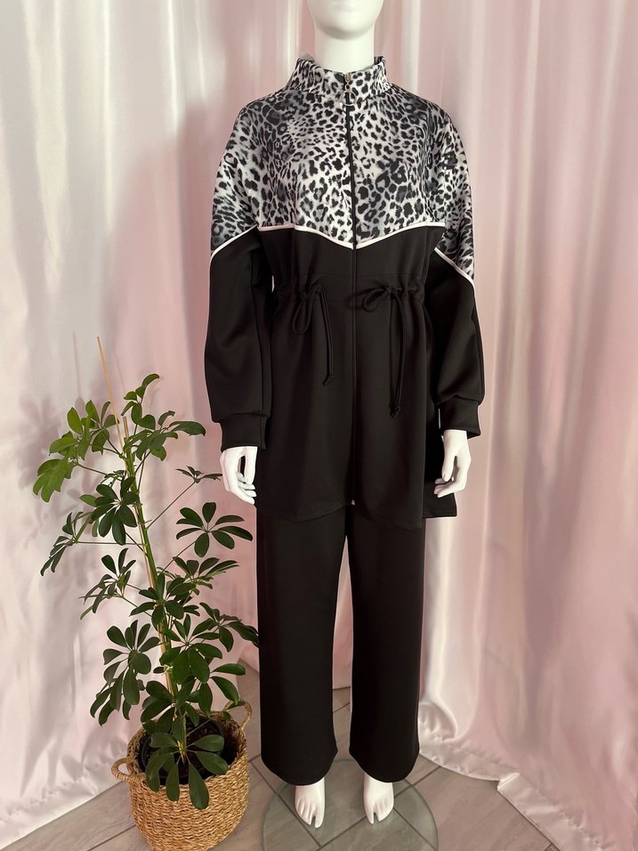 Leopar Desenli Siyah Kadın Eşofman Takımı - Görsel 3