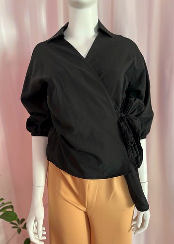 Siyah V Yaka Uzun Kollu Kuşaklı Kadın Gömlek - Görsel 3