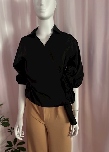 Siyah V Yaka Uzun Kollu Kuşaklı Kadın Gömlek - Görsel 4