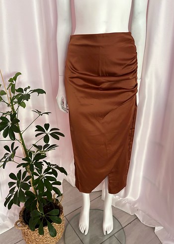 Drapeli Kadın Uzun Kahverengi Etek - Görsel 3
