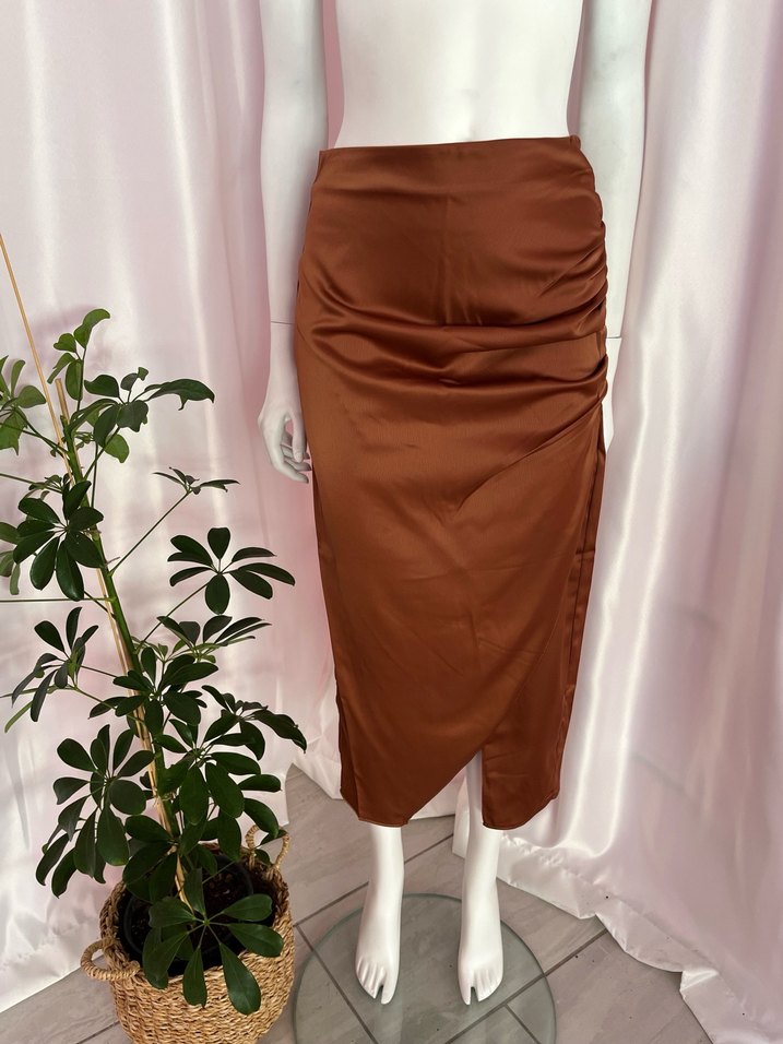 Drapeli Kadın Uzun Kahverengi Etek - Görsel 3