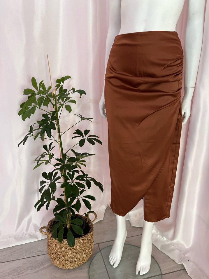 Drapeli Kadın Uzun Kahverengi Etek - Görsel 4