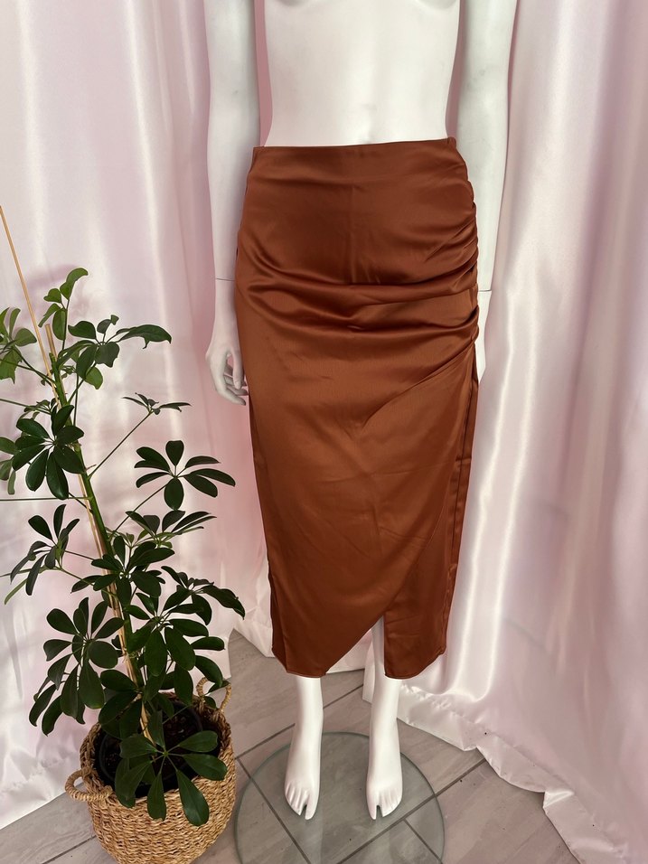 Drapeli Kadın Uzun Kahverengi Etek - Görsel 5