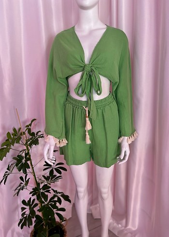 Yeşil Püsküllü Kısa Bohem Kadın ikili takım - Görsel 3