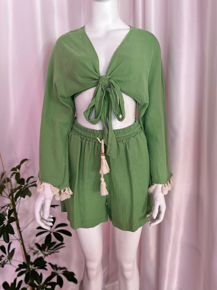 Yeşil Püsküllü Kısa Bohem Kadın ikili takım - Görsel 2