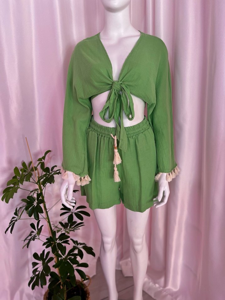 Yeşil Püsküllü Kısa Bohem Kadın ikili takım - Görsel 3