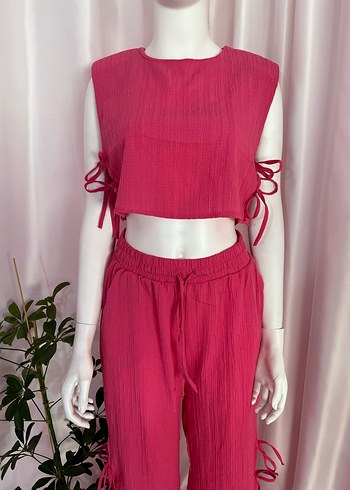 Pembe Pilili Bol Kesim Keten Kadın ikili takım - Görsel 4