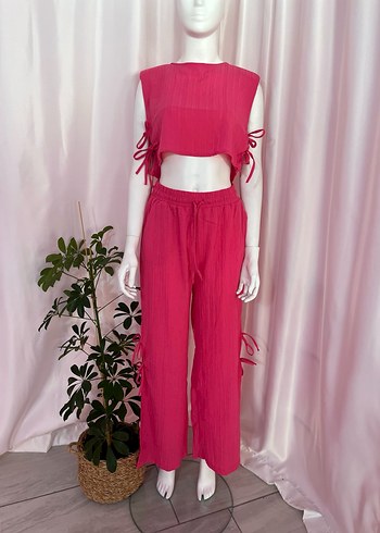 Pembe Pilili Bol Kesim Keten Kadın ikili takım - Görsel 2