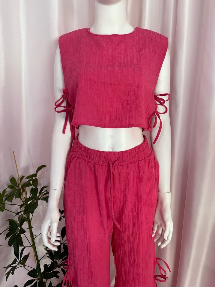 Pembe Pilili Bol Kesim Keten Kadın ikili takım - Görsel 4